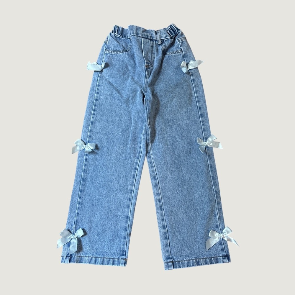 SHEIN Bow Jeans Girls Blue Light Wash Coquette Straight Leg SIZE 8Y